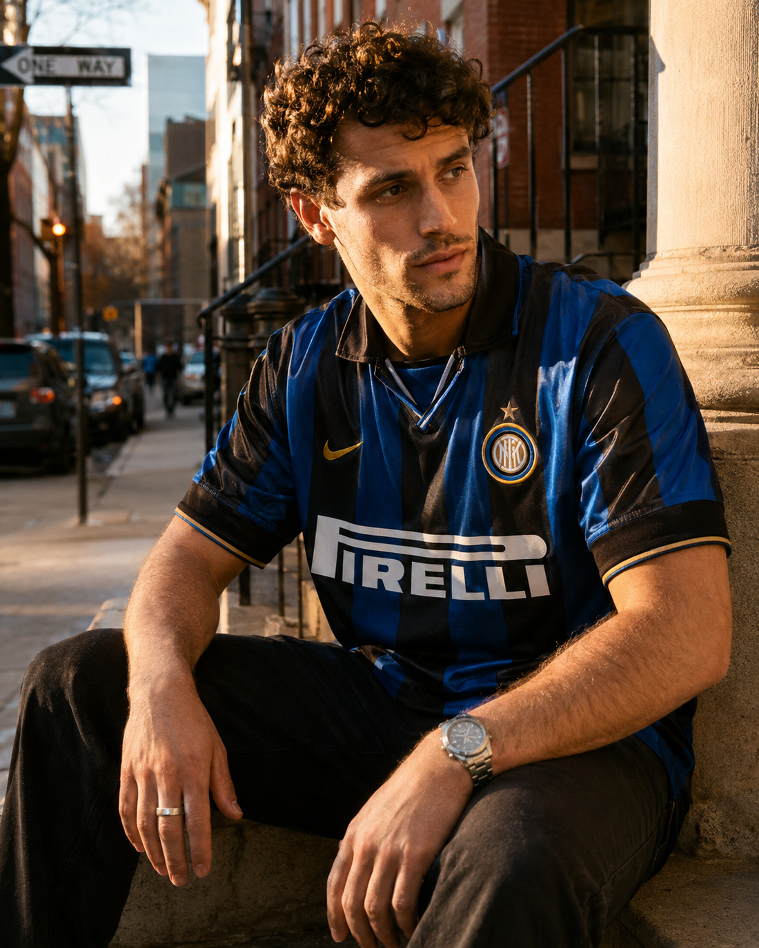 Model wearing an Inter Milan home shirt
