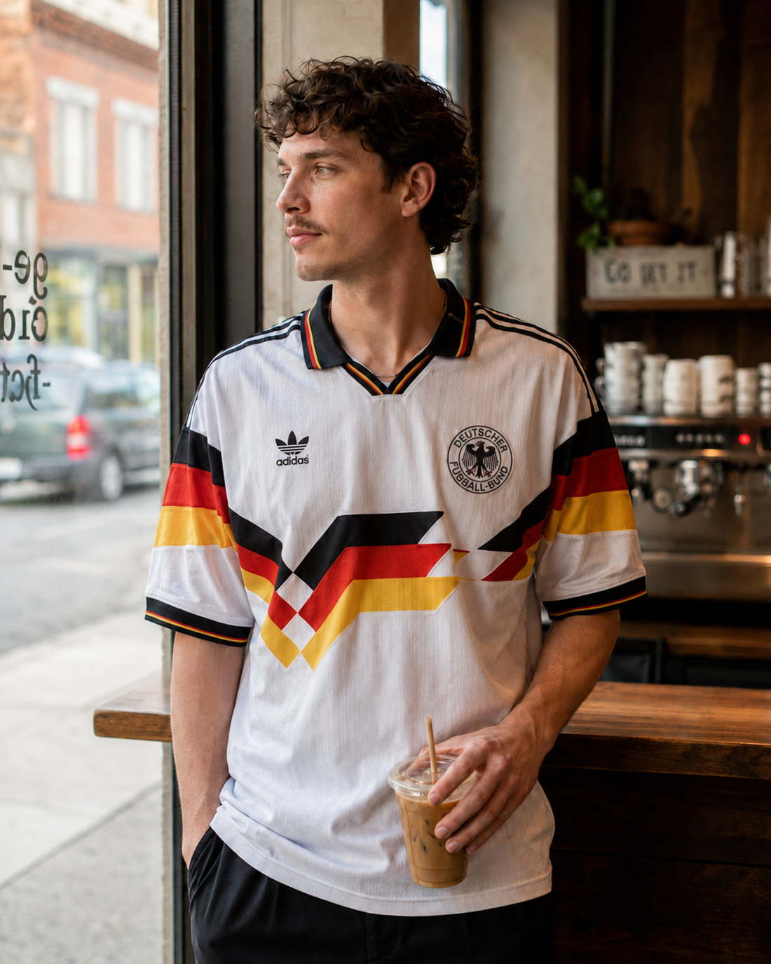 Model wearing a West Germany 1990 home shirt